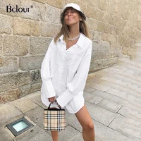 bclout white button up blouse shirt office loose long sleeve tunic tops turn down collar casual women top spring cotton mujer