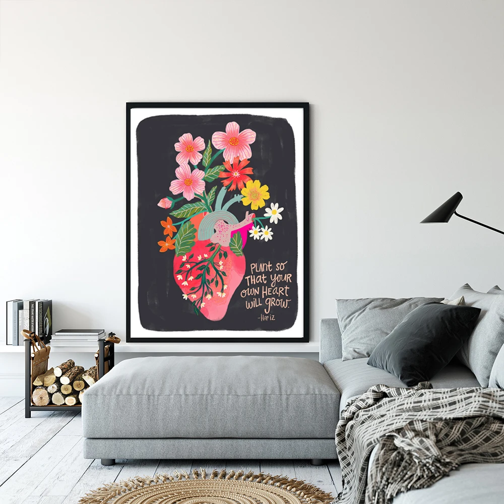 

Anatomical Heart with Flowers Print,Positive Poster,Self Love Canvas Painting,Floral Wall Art,Colorful Home Decor,Hafiz Quote