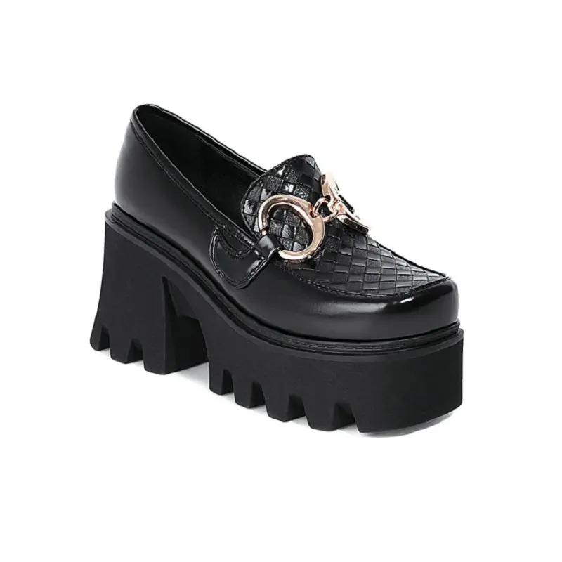 

ZawsThia Square Toe Weaved Pattern Platform Chunky High Heels Punk Gothic Womens Shoes Loafers Slip-on Woman Creeperss Pumps