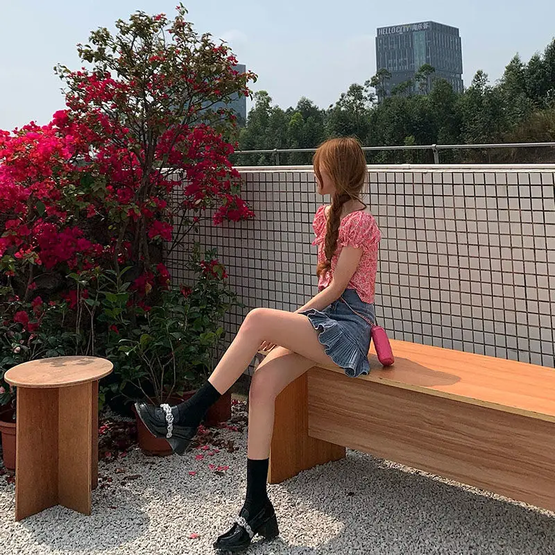 

Gentle denim A-line short skirt women's 2021 new waist small crowd pleated design sense organ pleated skirt