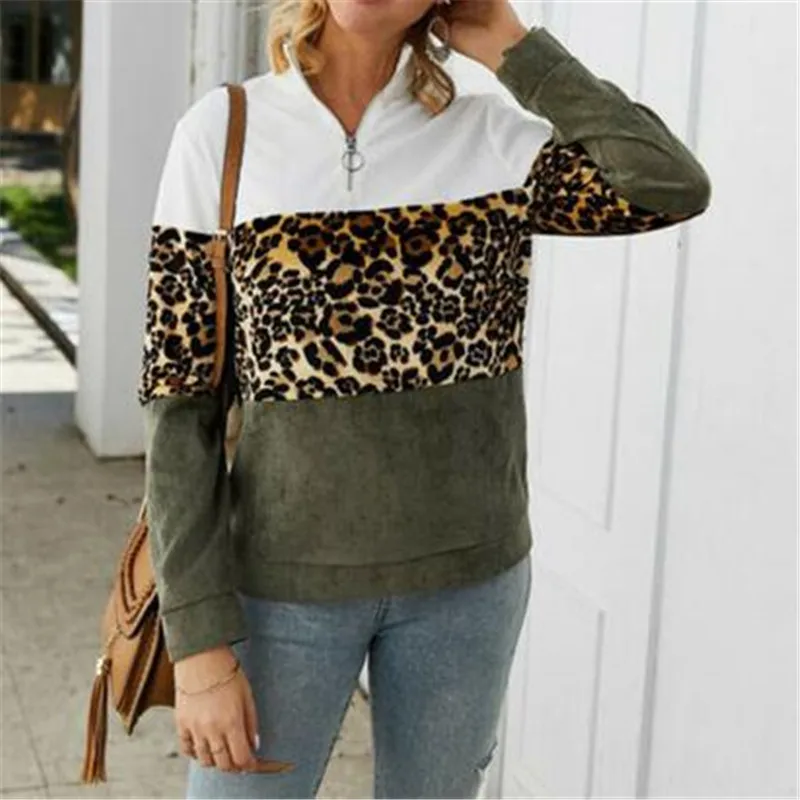 

Female Long Sleeves Tops Wear New Fahsion Leopard Stitching Loose Sweatshirt Zip Up Women's Autumn Winter Warm Pullovers Ladies'