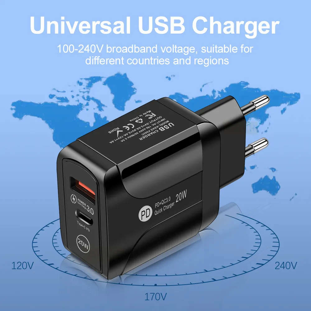 

EU/US/UK Plug PD USB Charger 20W 3A Quik Charge 3.0 Mobile Phone Charger For iPhone 12 Samsung Xiaomi Fast Type C Wall Chargers