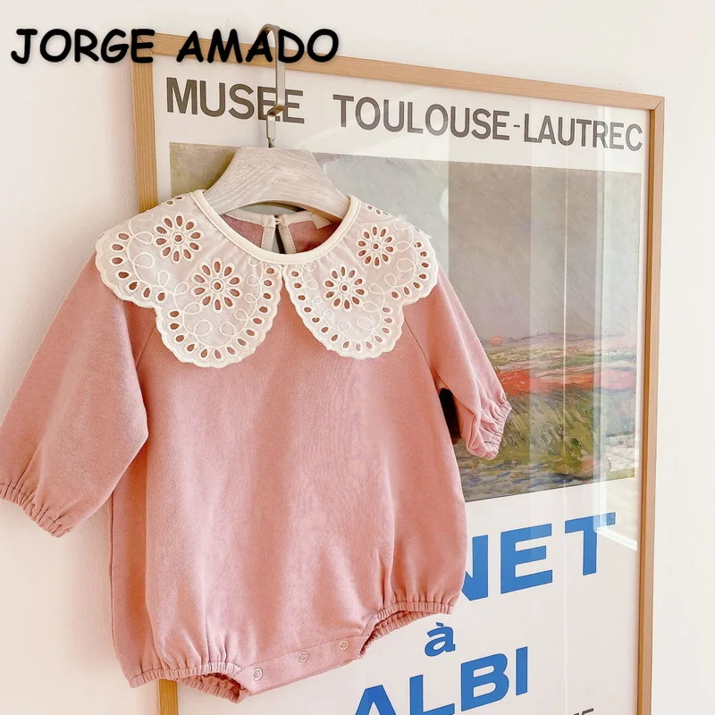 

2021 New Autumn Baby Girls Bodysuit Long Sleeves White Lace Peter Pan Collar Pink Jumpsuit Kids Clothing 0-3 Years E115