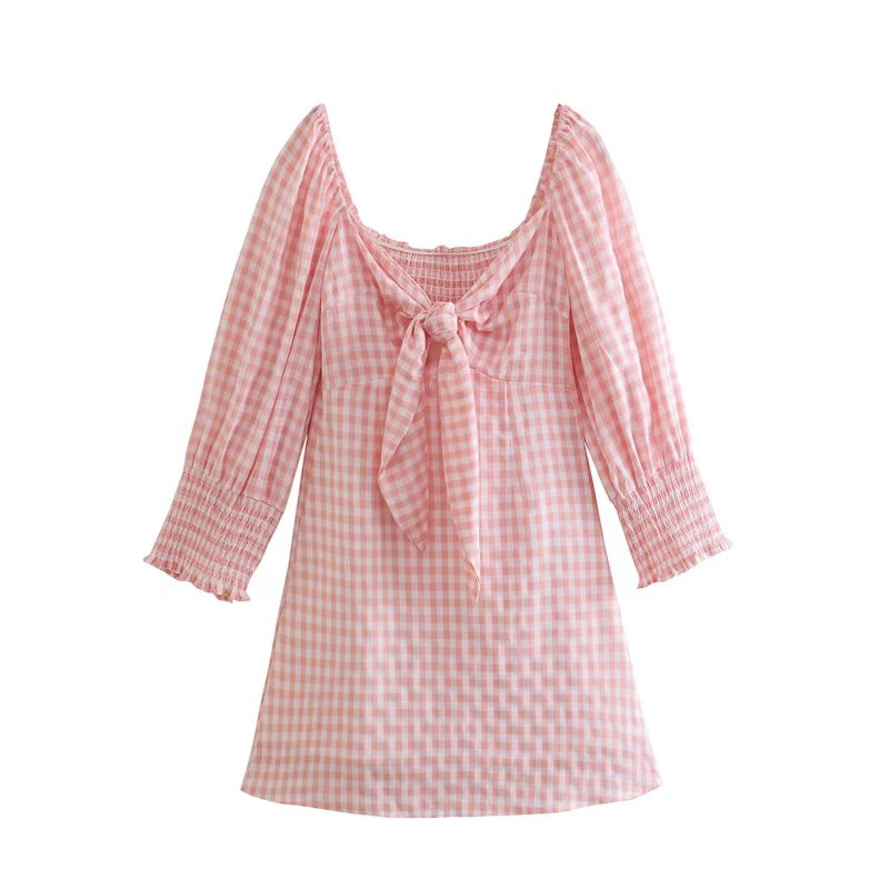 

Женское клетчатое платье с бантом, V-образным вырезом и длинным рукавом