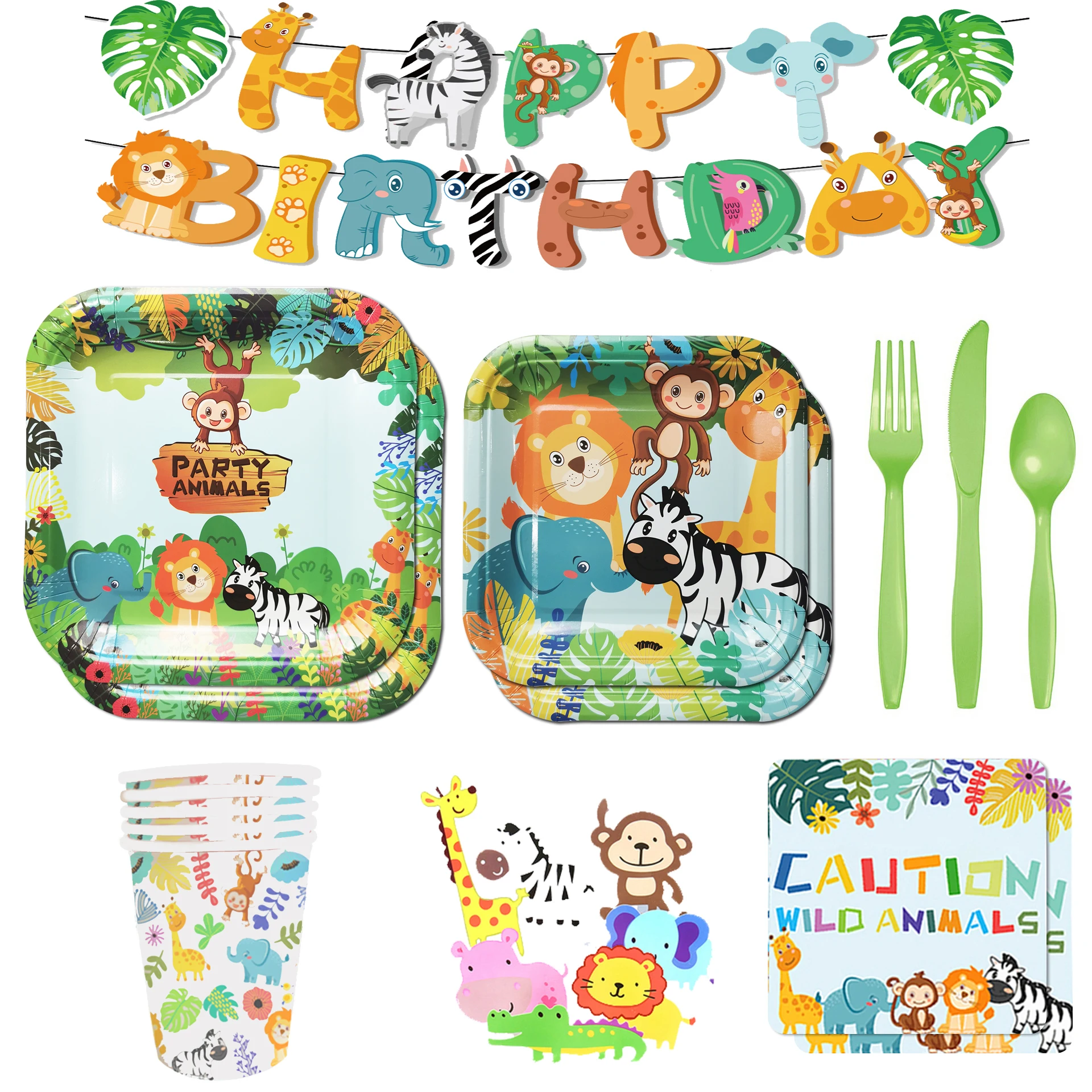 

Woodland Animals Disposable Tableware Monkey Lion Zebra Elephant Plate Cup Napkin Jungle Safari Happy Birthday Party Kid Boy 1st