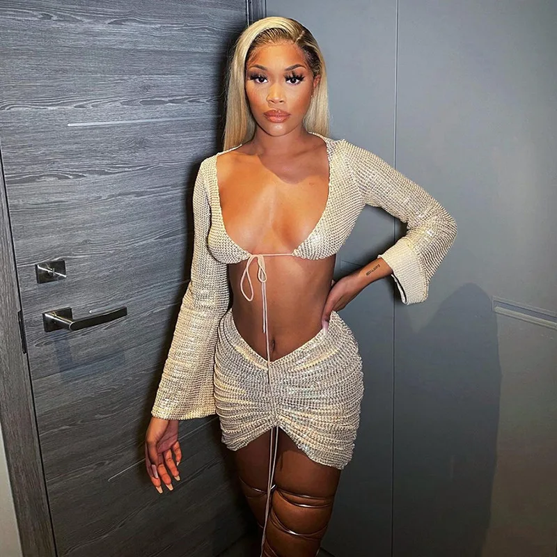 

A&BHelenss Summer Vacation Crop Top Mini Skirt Suit Clothing Sexy Night Club Outfits for Women Sequin Two Piece Set