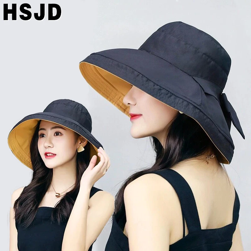 Шляпа Женская двухсторонняя с бантом однотонная Складная пляжная Панама