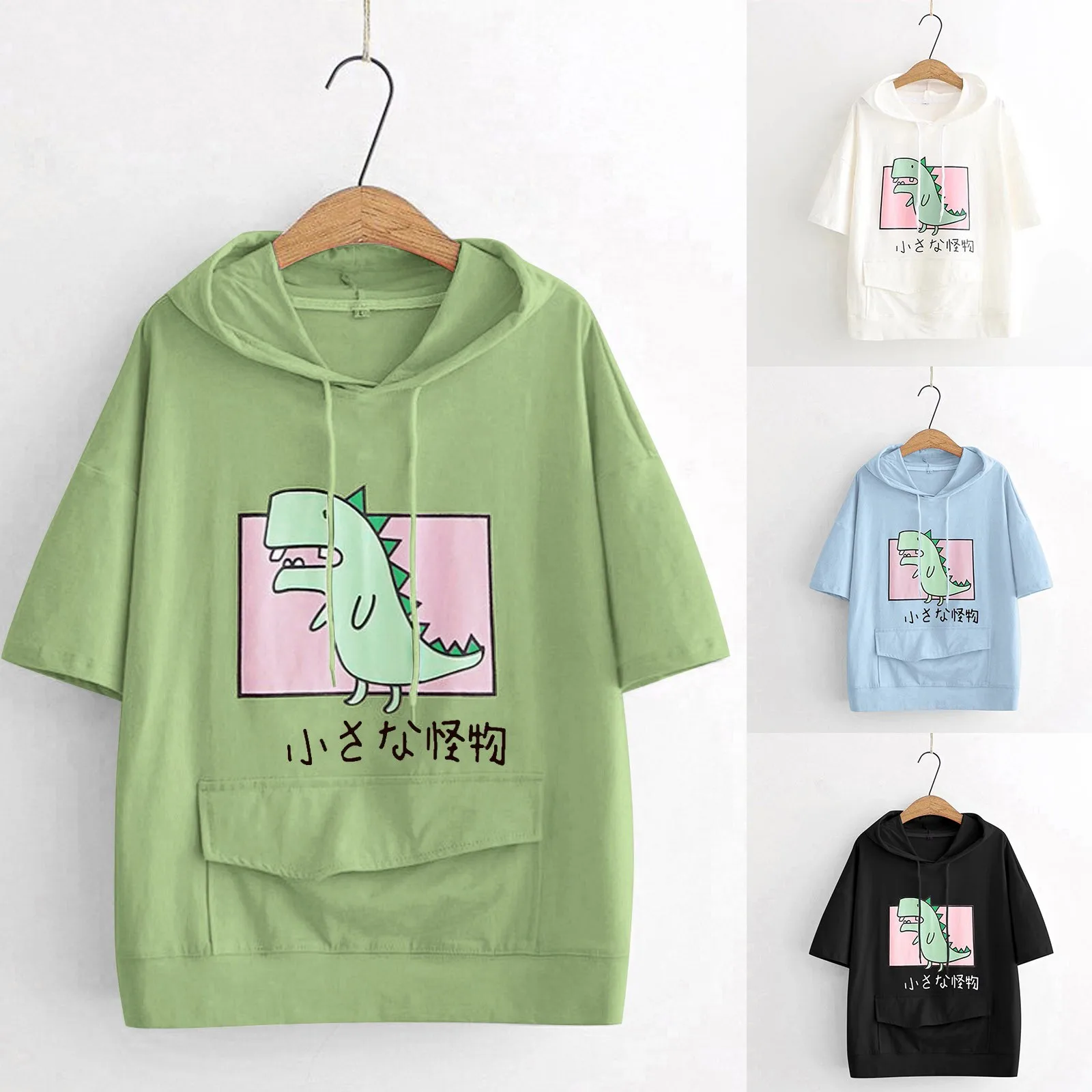 Hooded Sweatshirt Women Sweetshirts Fashion Hoodie Casual Cute Emo Dinosaur T Shirt Drawstring Short Sleeve Tops Y2k Ropa Mujer