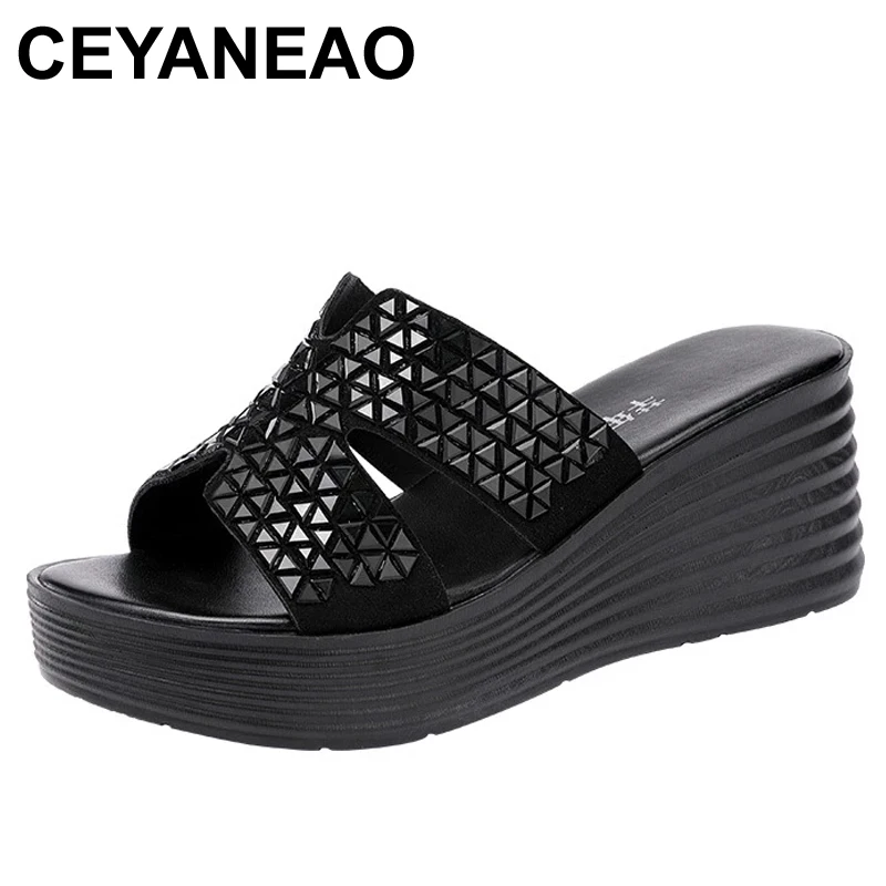 

CEYANEAOPlus Size 32-43 Open Head Platform Chunky Wedges Slippers Summer Shoes Women 2021 High Heels Slides Casual Beach Slipper