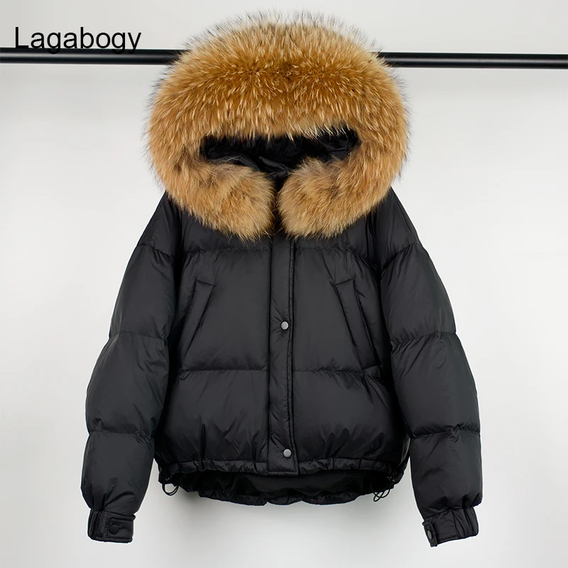 Пуховик Lagabogy женский с капюшоном теплая свободная парка на белом утином пуху