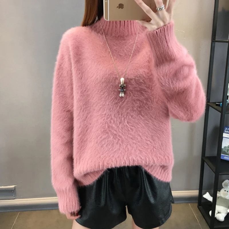 Женский Пушистый свитер кашемировый плотный пуловер однотонный свободный