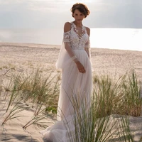 luojo boho long flare sleeves lace appliques wedding dress for women tulle o neck a line brides gowns robe de mari%c3%a9e