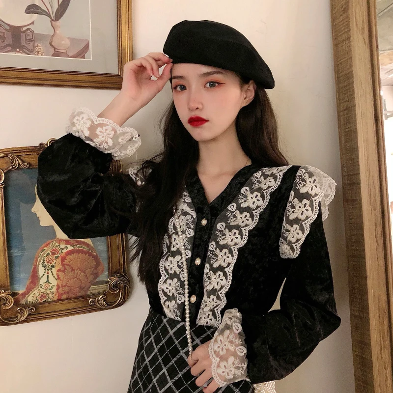 

lace up fashion brand ulzzang blusas mujer de moda velour shirts v-neck loose women blouses autumn winter ladies tops Korean new