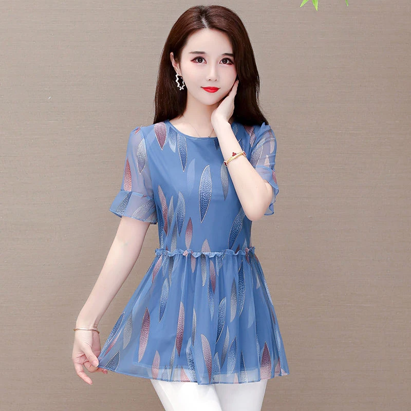 

Plus Size Women Spring Summer Style Chiffon Blouses Shirt Lady Short Flare Sleeve O-Neck Flower Printed Blusas Tops ZZ0349