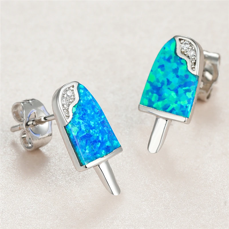 

Classic Female Crystal Small Stud Earrings Classic Silver Color Wedding Earrings Trendy Ice Cream Blue Opal Earrings For Women