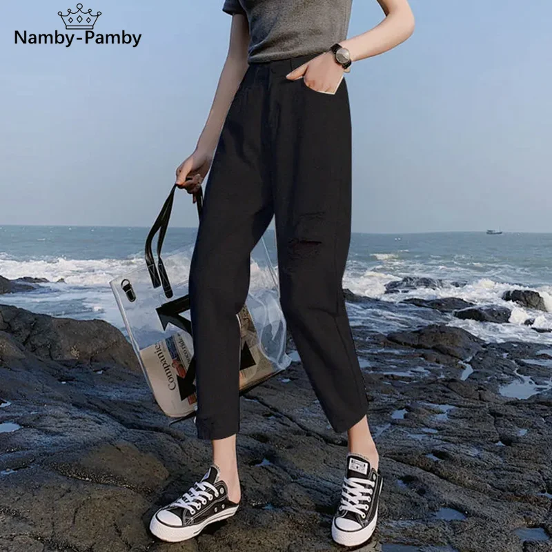 

Ladies denim trousers 2021 new high-waist cropped trousers casual loose slim wild straight leg ladies fashion plus size hot sale