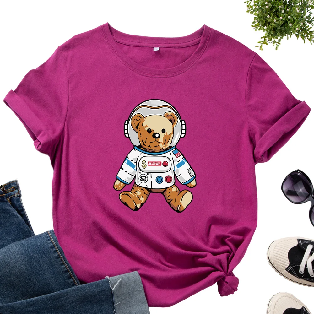 

Cotton T-Shirts for Women Graphic Tees Printed Shirt Short Sleeve Summer Tops Casual Clothes Funny Astronaut Bear Spacebear