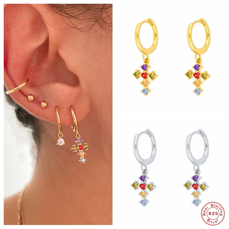 

Aide 925 Sterling Silver Colorful CZ Crystal Cross Charm Dangle Circle Earrings For Women Luxury Rainbow Pendiente Drop Earrings