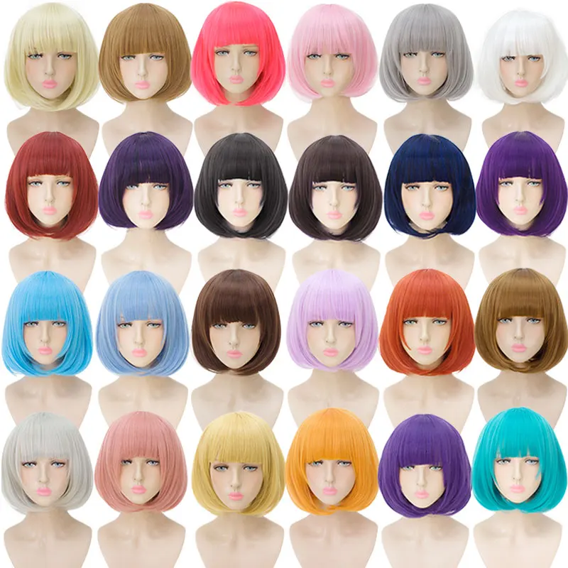 AOSI Short Straight Hair With Bangs Bob Wig Black Red Blue Yellow Synthetic Wigs For Women Costume Party Cosplay Girl | Шиньоны и