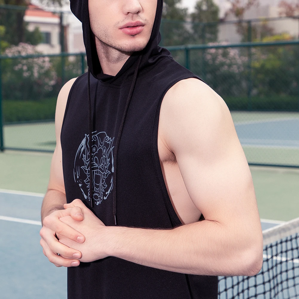 Мужская Однотонная футболка с капюшоном без рукавов в американском/европейском