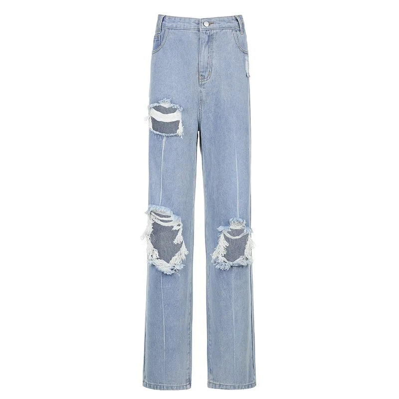 

Vintage Ripped Jeans Women Summer Casual All Match High Waist Wide Leg Denim Pants 2021 Fashion Loose Basic Solid Color Trousers
