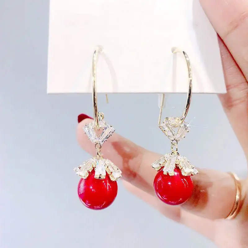 

Red White Rhinestone Flower Paved Pearl Earrings For Women 2020 New Trends Jewelry Wedding Party Earings Wholesale