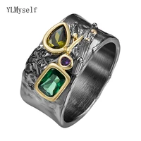 wide gun black ring 2 tone plate pave greenolivine jewellery brass cool jewelry for women