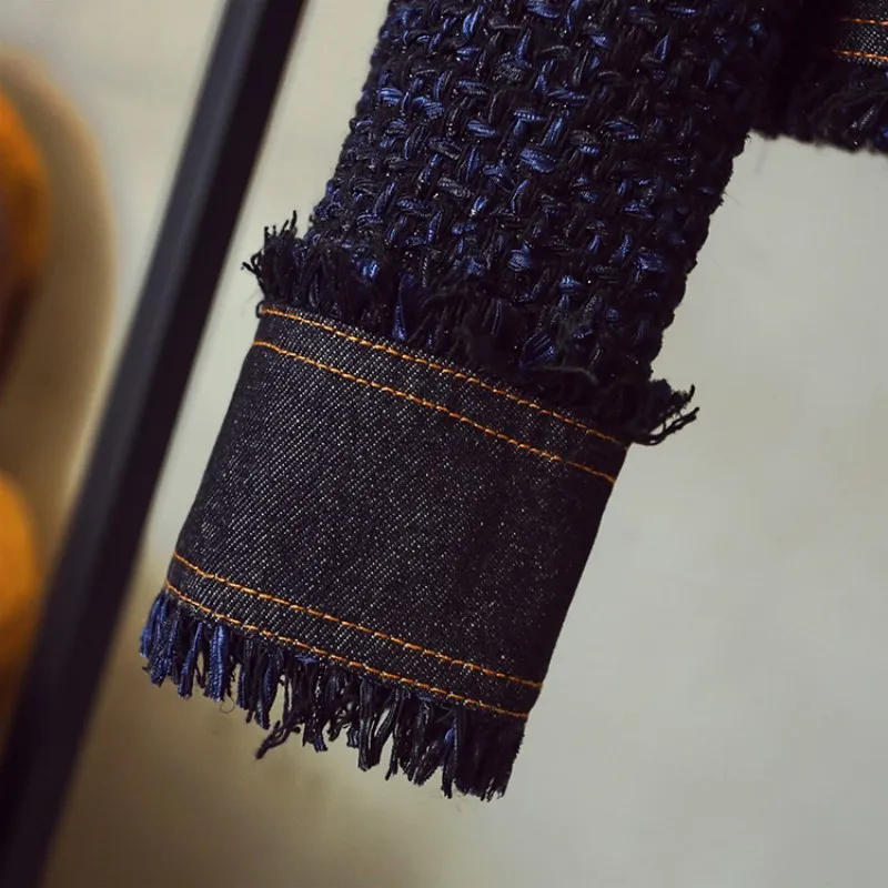 

Spring New Brand Fashion O-Neck Long SleeveTassel Womens Slim Short Coats Chic Denim Patchwork Tweed Single Breasted Jackets