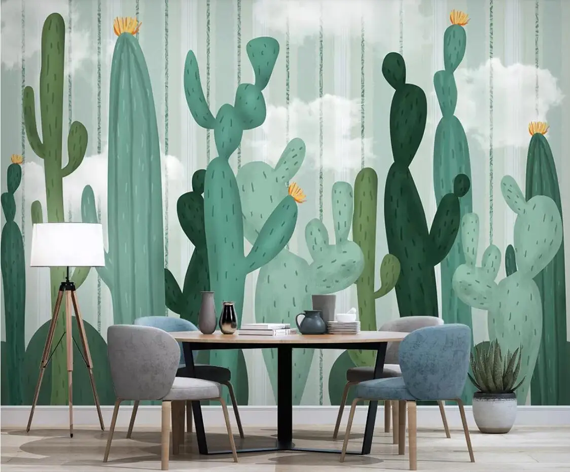 European Tropical Wallpaper Hand Painted Mural Creative 3D Wall Paper Rainforest Leaf Murals Contact Cactus Plant Papers | Обустройство