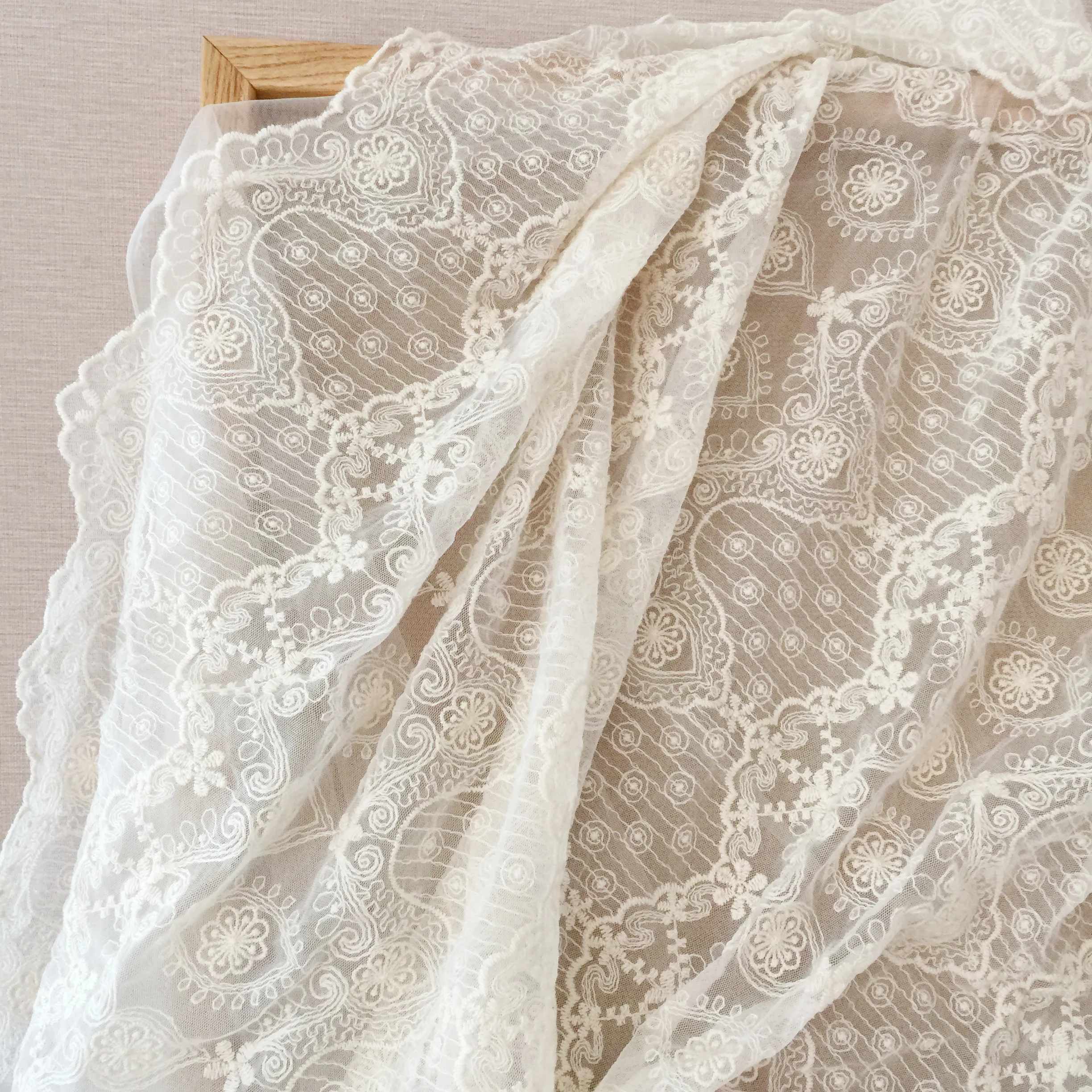 

3 Yards Vintage Cotton Lace Fabric in Beige, Embroidered Floral DIY Fabric, French Lace Fabric, Bridal Lace Fabric
