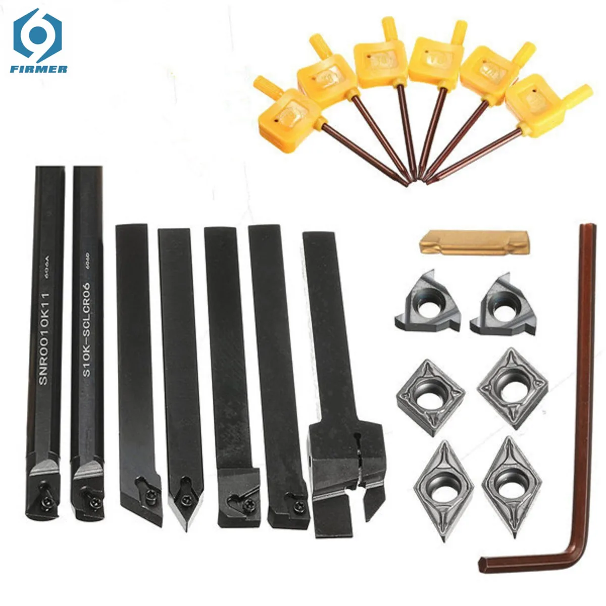 

7Pcs 10mm Shank Lathe Turning Tool Boring Bar Holder Kit With DCMT/CCMT Carbide Insert Machine Wrench Cutter Set