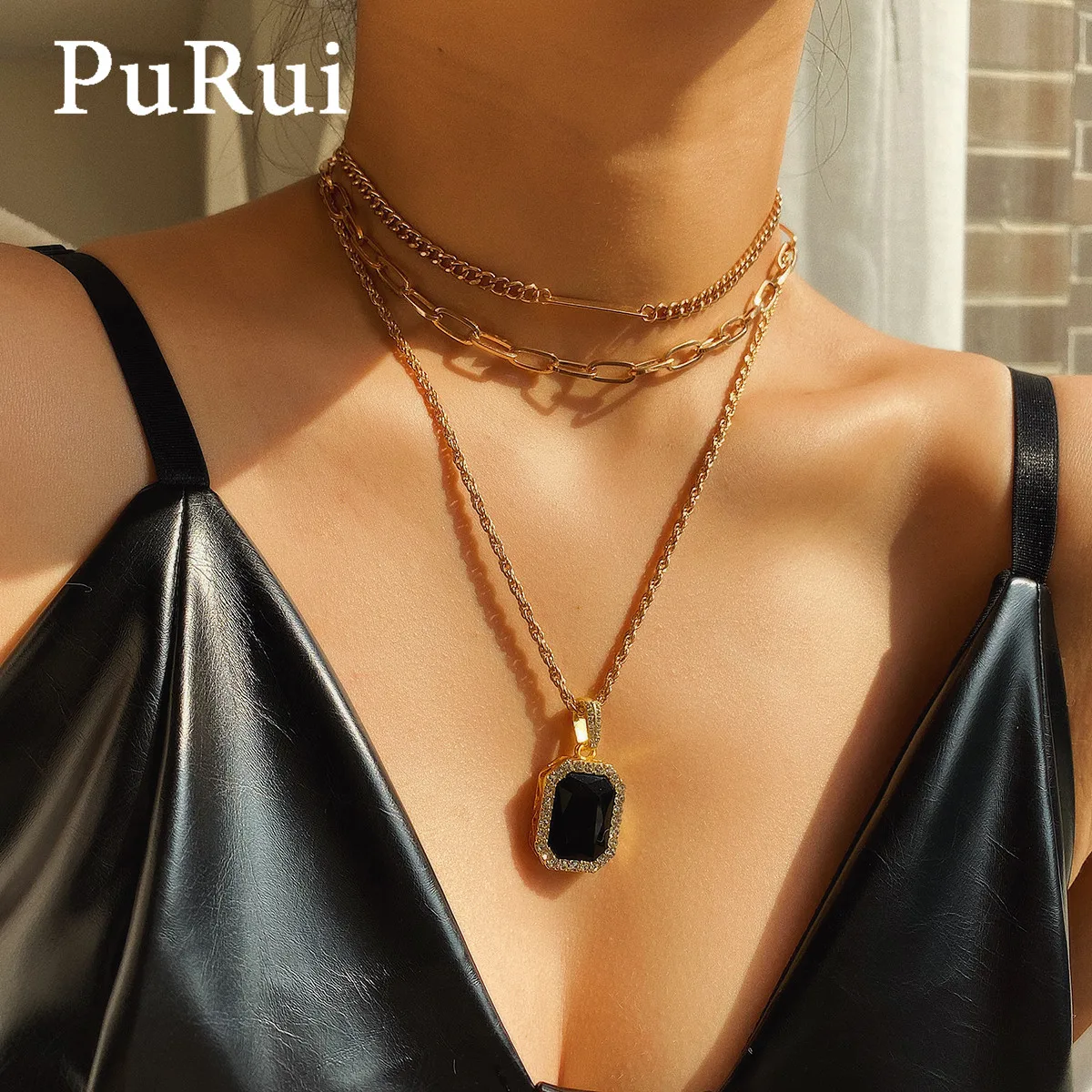 Женское многослойное колье чокер PuRui Массивное из драгоценных камней
