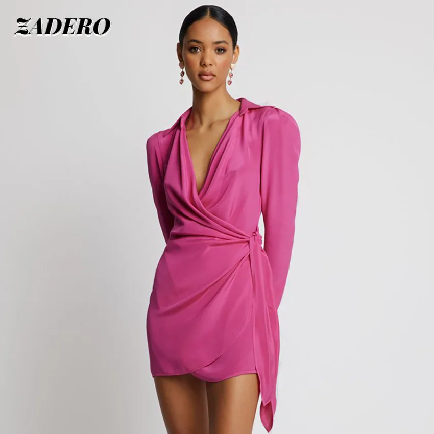 

Sexy Deep V-Neck Satin Draped Dress Women 2021Fashion Lace-Up Button Long Sleeve Bodycon Elegant Wrap Mini Dresses Office Ladies