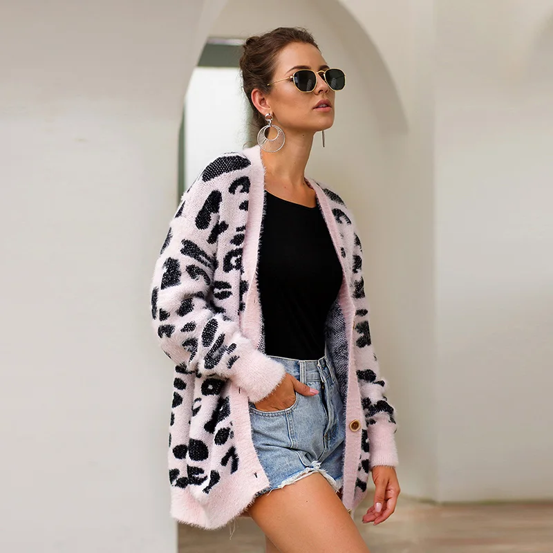 Fitshinling Hairy Leopard Cardigans Womens Clothing Buttons Up V Neck Sweaters Boho Fuzzy Soft Winter Cardigan Outerwear Female |