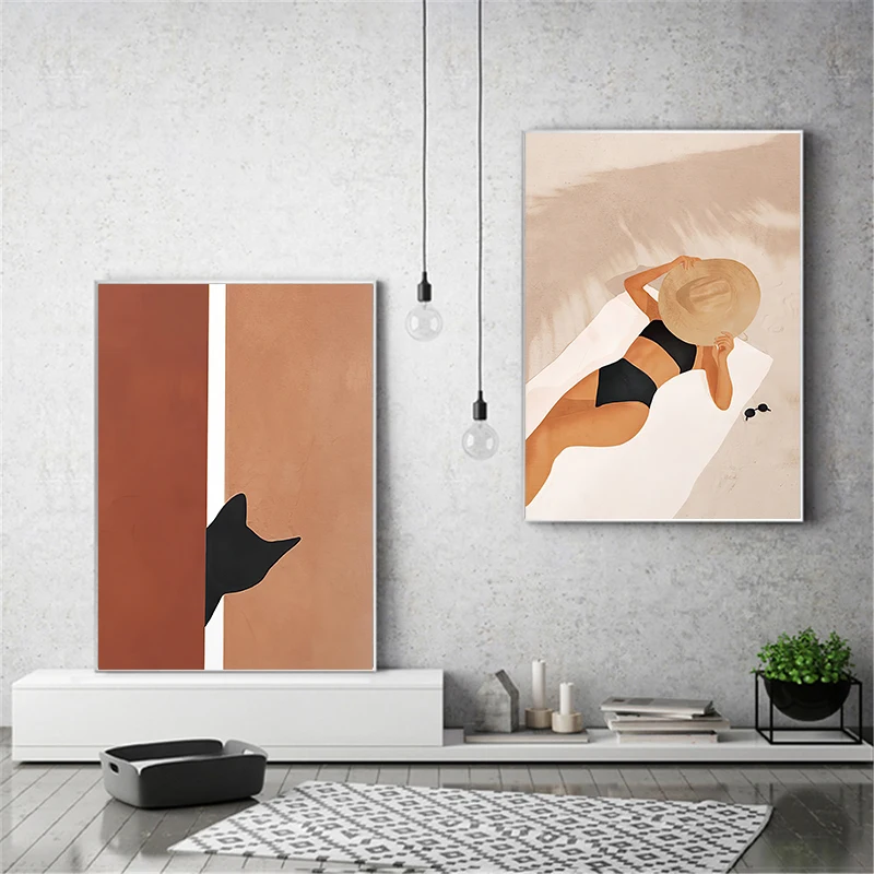 

Fashion Poster Sexy Woman Wall Art Black Cat Canvas Print Leaves Abstract Vintage Pictures Nordic Posters and Prints Home Decor