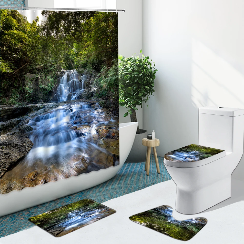 Занавеска для душа с изображением природного леса горного водопада Нескользящие