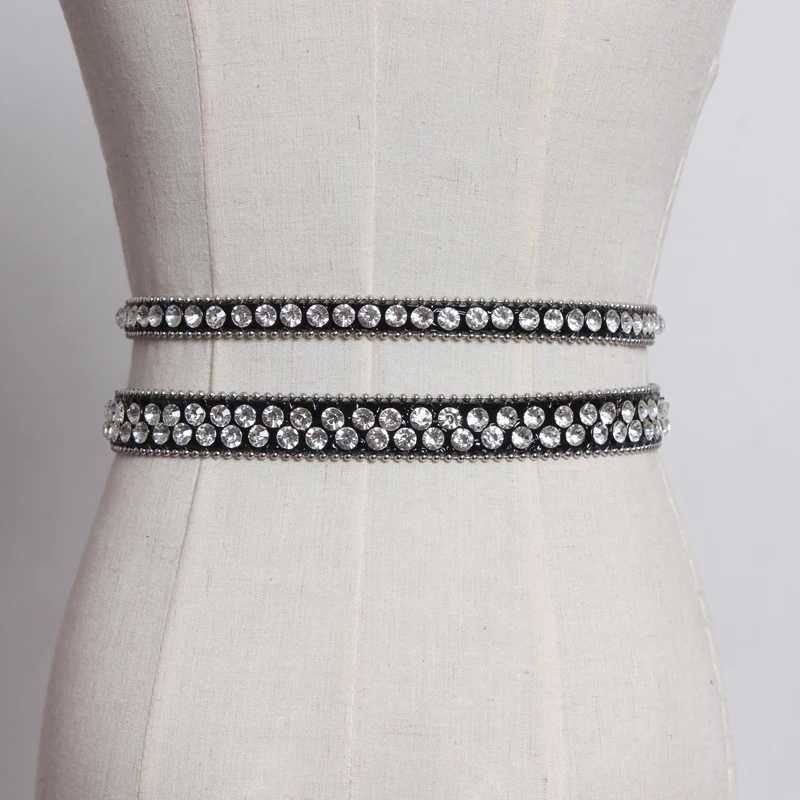 

New Fashion Pu Leather Rhinestone Stitch Personality Long Belt Women Tide All-match Black Diamond Belt