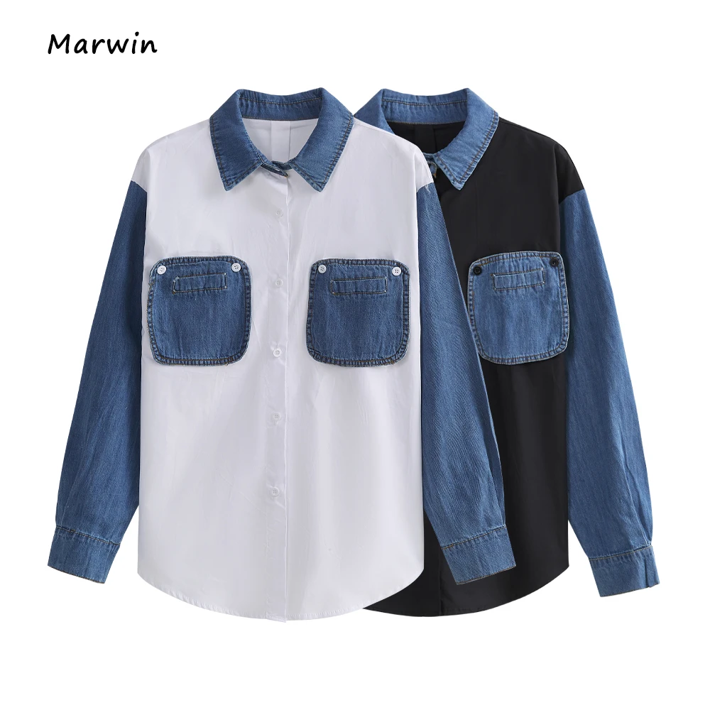 

Marwin&Friend Spring Summer Two Colors Pocket Patchwork Thin Cotton High Street Casual Style Loose Women Blouses