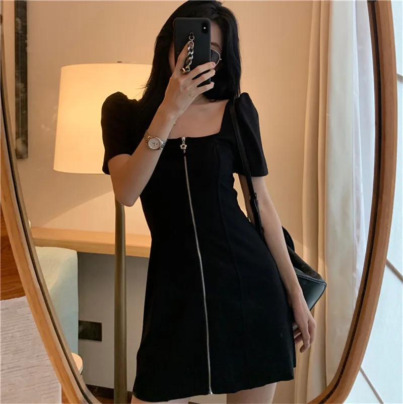 Dress 2020 new summer waist slimming square collar French front zipper sexy black dress short sleeve dresses for women | Женская одежда