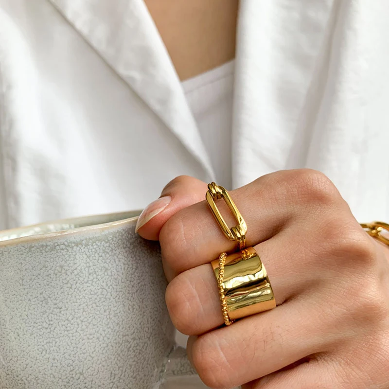 Трендовые золотые металлические гладкие кольца для женщин бусы цепочка широкое