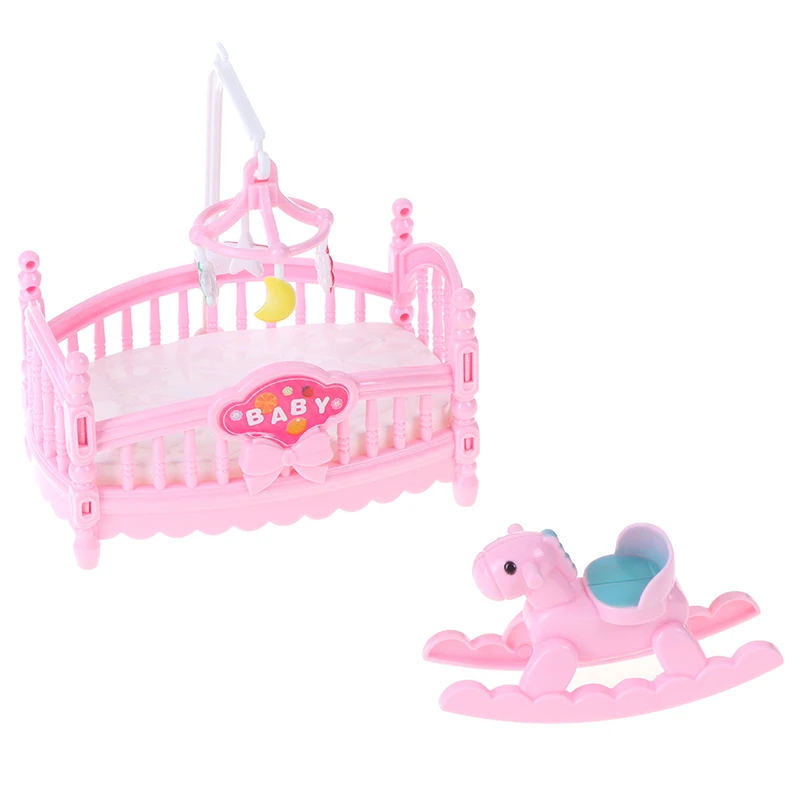 

1pc Pink Princess Doll Accessories Doll Plastic Children Girls Gift Miniature Crib Bed And Wooden Horse