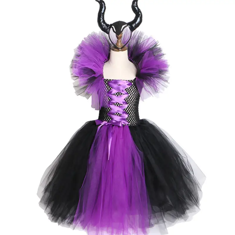 Maleficent/платье-пачка со злой королевой для девочек с рогами костюм ведьмы косплея