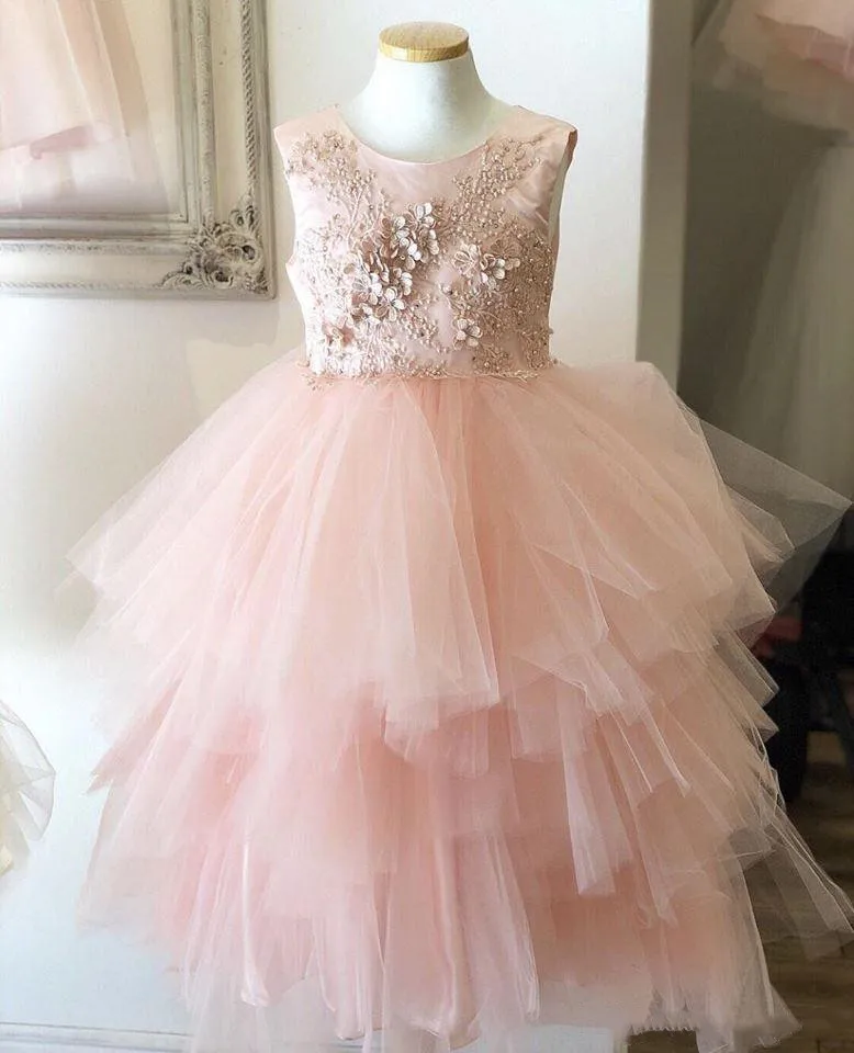 

Princess Pink 3D Floral Lace Girl Dresses Sheer Neck Tulle Little Girl Wedding Party Dresses Pageant Gowns