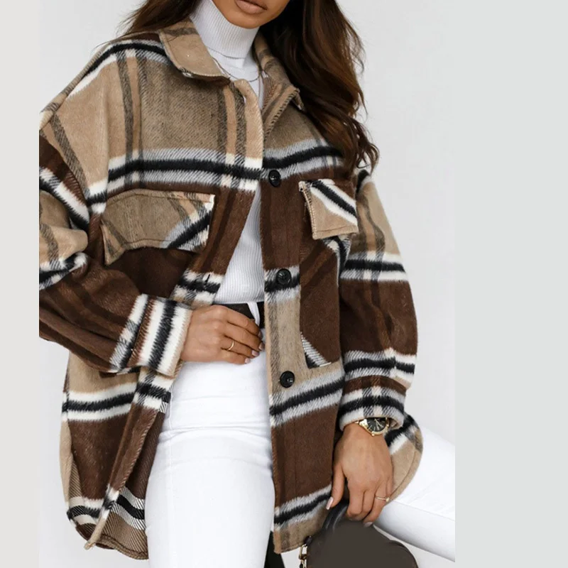 

Винтажная клетчатая верхняя одежда с отложным воротником, топы, повседневная женская куртка с длинным рукавом и карманами, осень 2021, клетча...