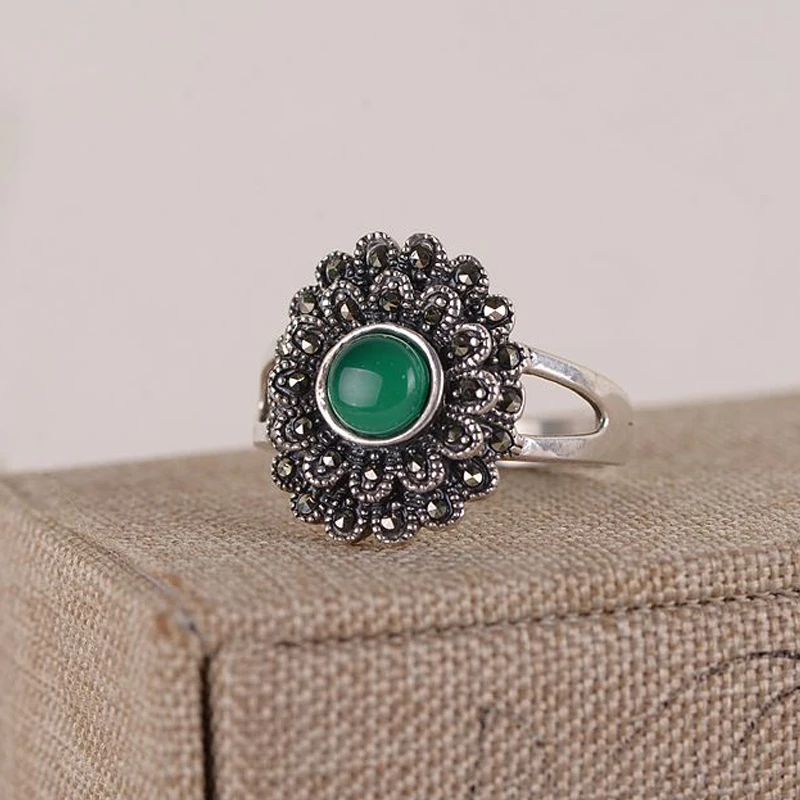 

FNJ 925 Silver Ring MARCASITE Real Original S925 Sterling Thai Silver Rings for Women Jewelry USA Size 5-8 Green Agate