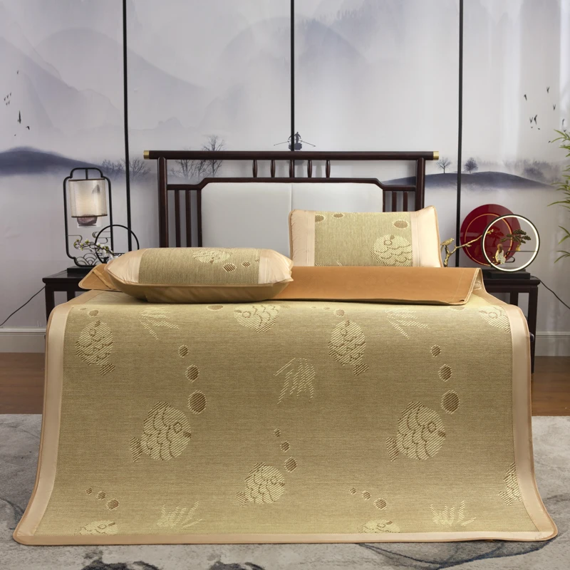 

2021 New Summer Rattan Mat Fitted Sheet Set Coffee Cool Mat Fruit Home Bed Cover Sleeping Flax Mattress Cover 2/3pcs Bedspread
