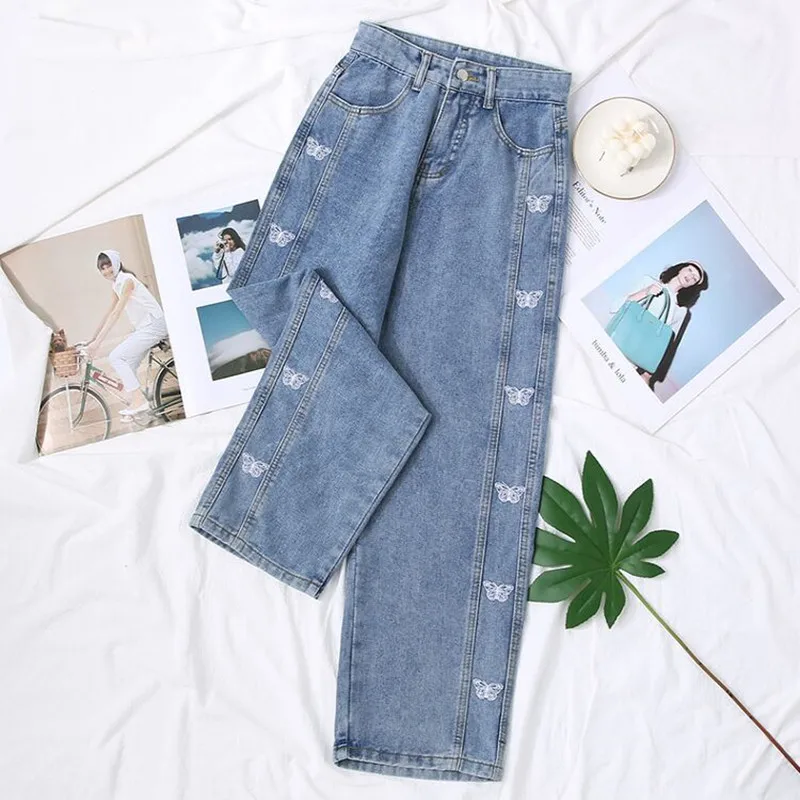 

Jeans Woman Denim Pants Butterfly Embroidery High Waist Sping & Autumn Long Trousers Streetwear Blue Jean Femme Loose Casual