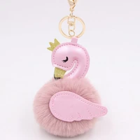 cute pink flamingo pompom keychain swan key chain fake rabbit fur ball women car bag pompon key ring pom pom holder girl gift