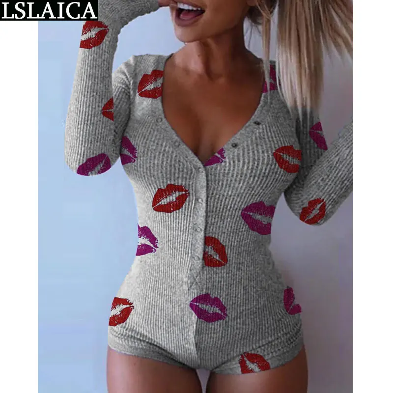 

Lslaica women jumpsuit long sleeve lips print slim elegant sexy bodysuit streetwear casual wild simple women bodysuit fashion