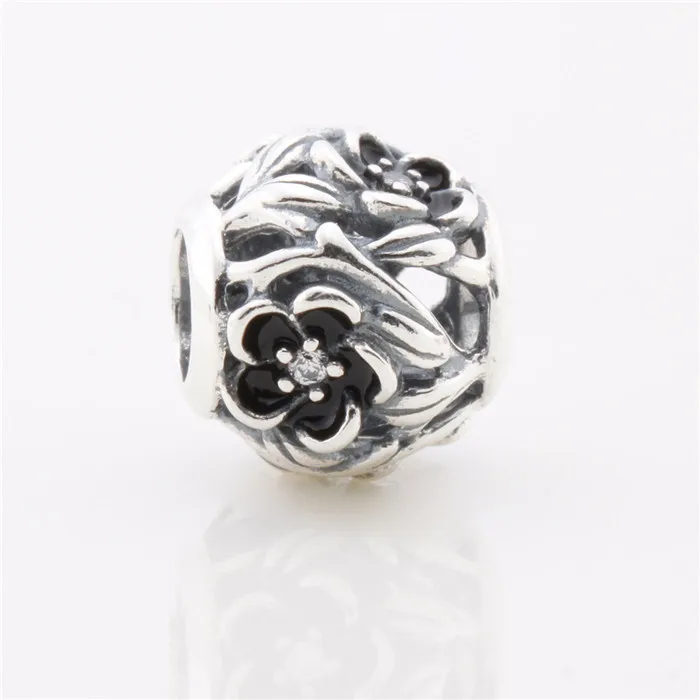 

Новый оригинальный 925 пробы серебро бусины в форме двойного конуса, красивые цветок из черной эмали круглые бусинки Подходит для Pandora Стиль ...